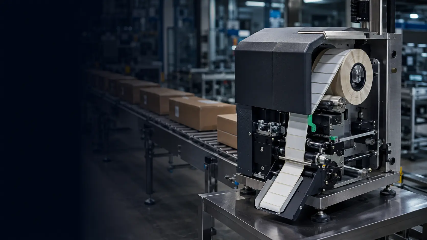 Roll-fed label printer beside cartons on a conveyor