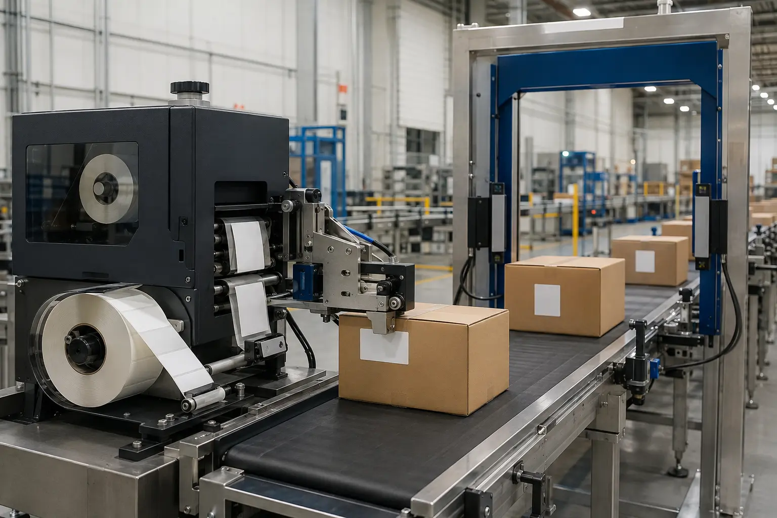 Label applicator beside labelled cartons on a conveyor and a reader frame